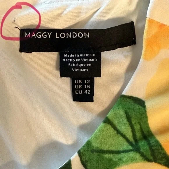 Maggy London Sheath White Dress with Yellow and Green Floral Design Size 12 - Picture 10 of 13